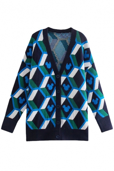 Trendy Womens Cardigan Geometric Print V-Neck Button Down Long-Sleeved Regular Fitted Cardigan in Blue