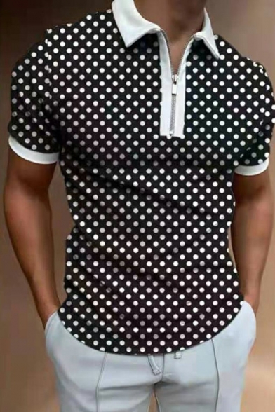 Vintage Boy's Polo Shirt Poker Printed 1/2 Zipper Collar Slim Fitted Short Sleeve Shirt
