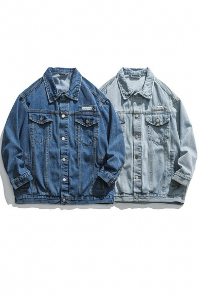 Casual Boy's Jacket Plain Button Closure Spread Collar Loose Fit Denim Jacket with Pocket