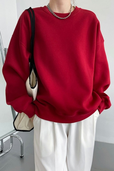 Casual Womens Sweatshirt Plain Color Crew Neck Drop Shoulder Long Sleeve Relaxed Sweatshirt