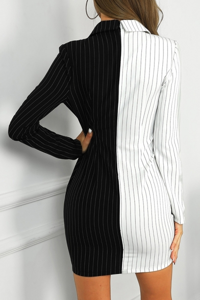 Chic Womens Dress Striped Patchwork V Neck High-Waist Long Sleeve Mini A-Line Shirt Dress