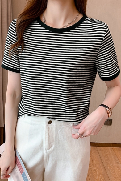 Classic Womens Striped T-Shirt Crew Neck Short Sleeve Regular Fit Top Shirt