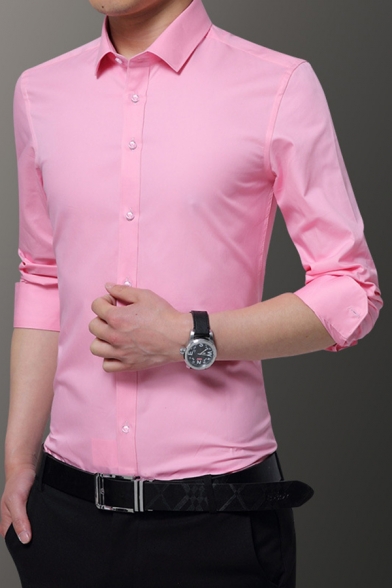 Cozy Guys Shirt Pure Color Turn-down Collar Long Sleeves Slimming Button Fly Shirt