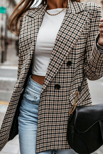 Dainty Ladies Suit Jacket Houndstooth Print Button Closure Notched Lapel Collar Loose Fitted Blazer