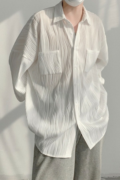 Dashing Boys Shirt Plain Wrinkle Texture Long Sleeve Spread Collar Loose Fit Button Shirt