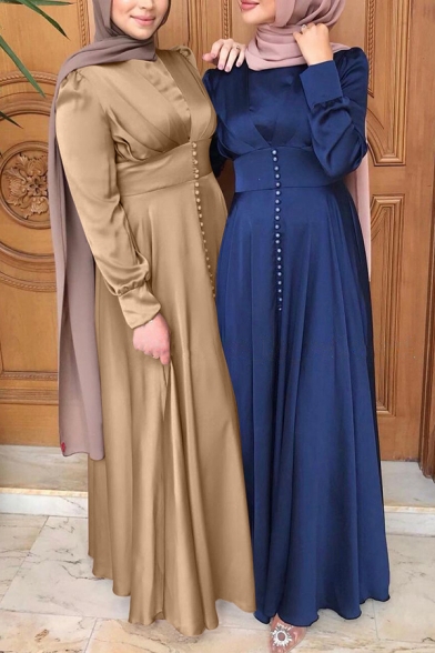 Ethnic Plain Womens Dress Front Button Detail Long Sleeve Satin Maxi Dress