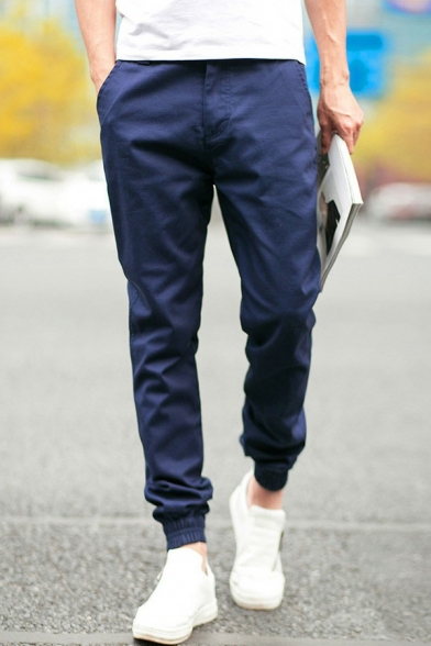Hot Pants Solid Color Full Length Mid Rise Pocket Relaxed Fit Zip Placket Pants for Men