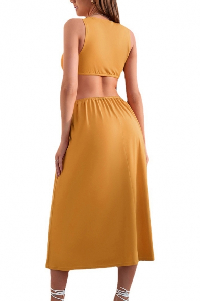 Leisure Womens Plain Dress Tie Front Deep V-Neck Cut-Out Sleeveless A-Line Midi Dress