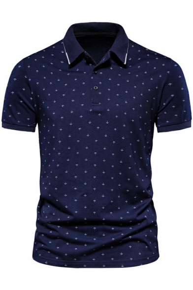 Mens Trendy Polo Shirt All over Print Turn-down Collar Short Sleeve Slim Fitted Polo Shirt