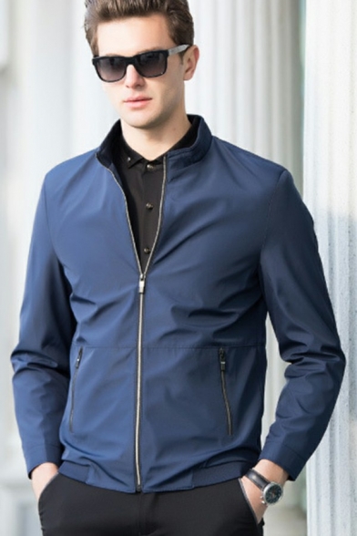 Modern Guys Jacket Plain Pocket Stand Collar Fitted Long Sleeve Zip Fly Baseball Jacket