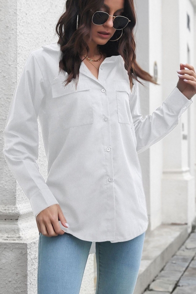 Normal Womens Shirt Solid Color Turn-Down Collar Long Sleeve Shirt with Flap Pocket