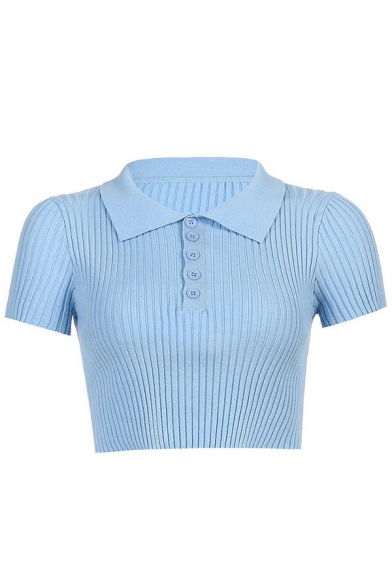 Sexy Womens Crop Polo Shirt Spread Collar Plain 1/2 Button Short Sleeve Slim Fitted Knit Polo Shirt