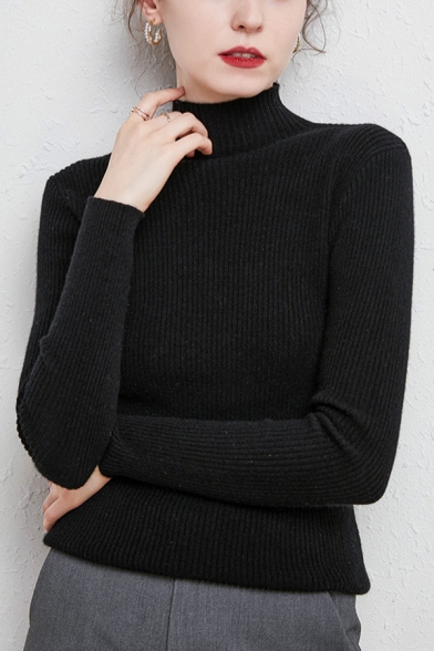 Simple Ladies Sweater Solid Color Mock Neck Long Sleeve Slim Fit Sweater