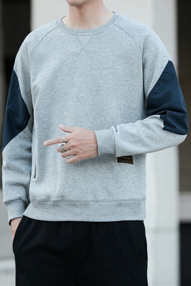 Street Style Mens Sweatshirt Color Block Long Sleeves Round Neck Fitted Pullover Sweatshirt