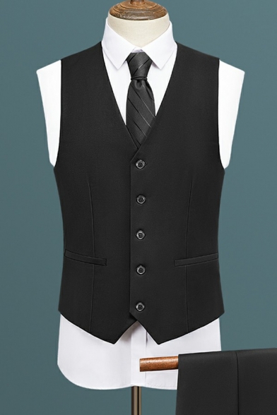Stylish Suit Vest Plain Sleeveless Button Closure V-Neck Slim Fitted Suit Vest for Men