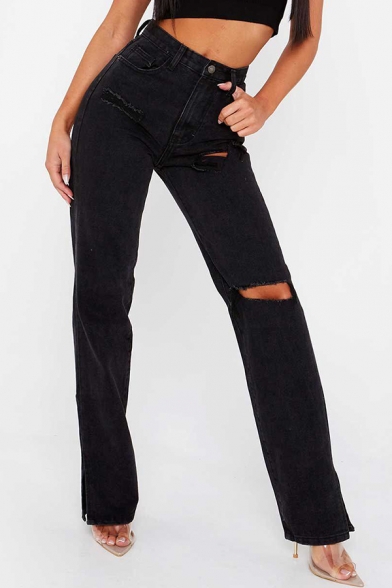 Stylish Womens Plain Jeans Distressed Ripped High Rise Zip Up Slit Detail Long Straight Jeans