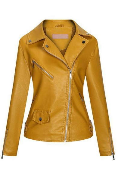 Stylish Womens PU Jacket Solid Color Notched Collar Side Zipper Closure Slim Fit Leather Jacket