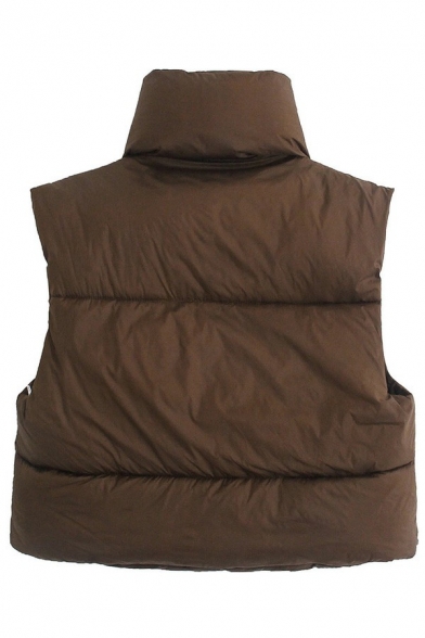 Stylish Womens Vest Plain Stand Collar Sleeveless Zip Up Cropped Padded Vest
