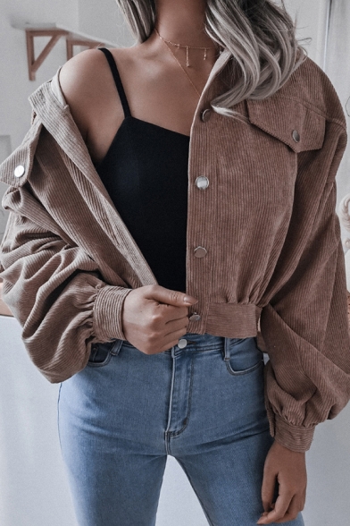 Trendy Ladies Jacket Solid Spread Collar Single Breasted Chest Pockets Long Puff Sleeve Cropped Jacket