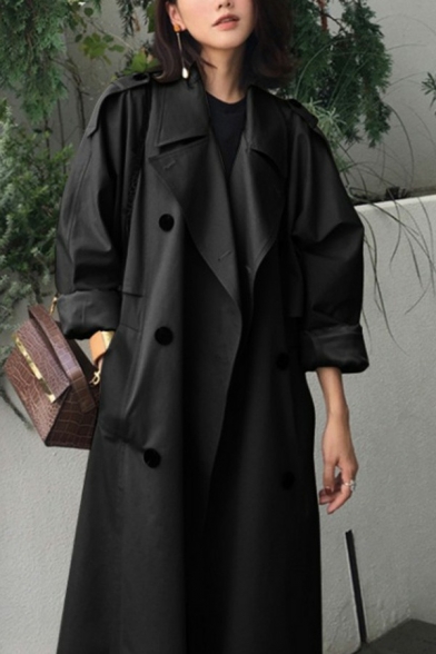 Trendy Ladies Trench Coat Solid Notched Lapel Double Breasted Long Sleeve Long Straight Trench Coat