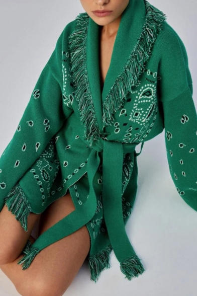 Unique Womens Cardigan Paisley Pattern V Neck Lace Up Tassel Detail Long Sleeve Relaxed Cardigan