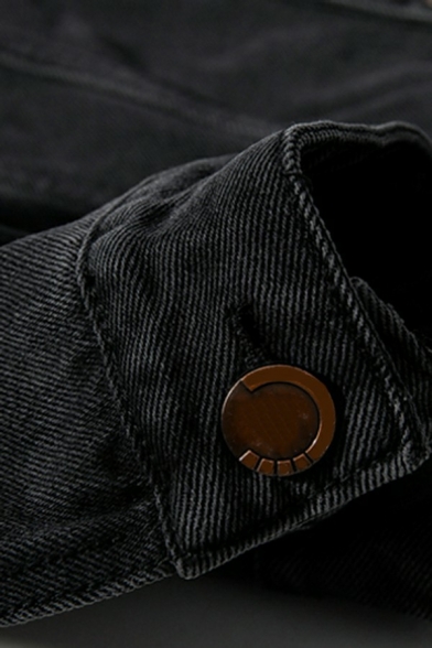Vintage Boy's Jacket Solid Color Button Closure Spread Collar Loose Fit Denim Jacket