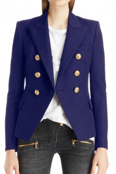 Vintage Ladies Blazer Plain Flap Pocket Lapel Collar Double Breasted Slim Fitted Suit Jacket
