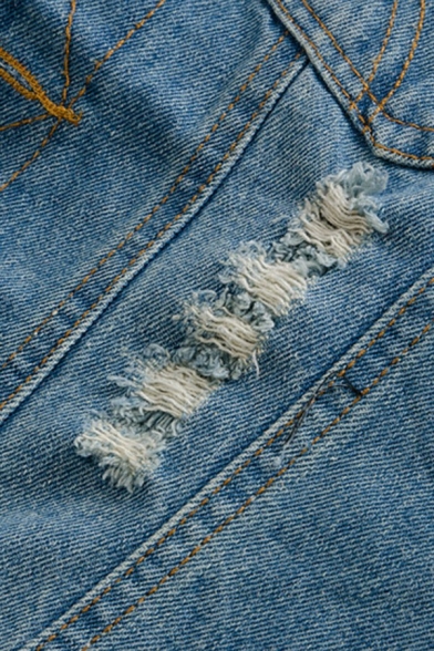 Basic Men Denim Vest Plain Turn-down Collar Distressed Raw Edge Pocket Detail Zip Closure Vest in Blue