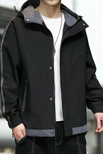 Boyish Guys Jacket Contrast Stripe Pocket Detail Fitted Hooded Zip Placket Baseball Jacket