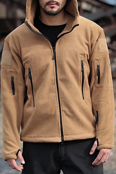 Casual Men Coat Solid Color Long Sleeve Relaxed Fitted Hooded Pocket Hooded Zip Placket Coat
