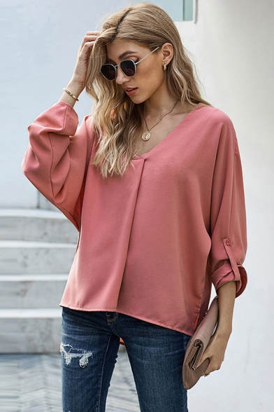 Casual Womens Pullover Shirt V-Neck Solid Color Straight Hem Long Sleeve Slim Fit Shirt