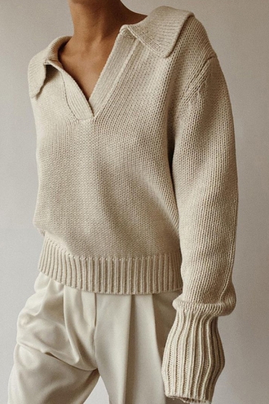 Chic Ladies Sweater Plain V-Neck Lapel Collar Long Sleeve Oversized Sweater