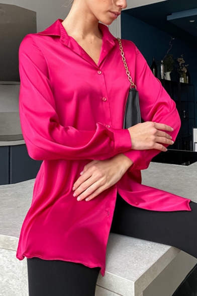 Chic Shirt Solid Color Single Breasted Spread Collar Long-Sleeved Oversized Womens Shirt