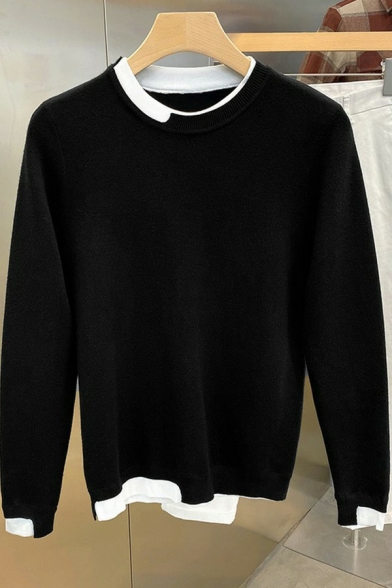 Daily Guy's Sweater Fake Two Pieces Rib Hem Long Sleeve Round Neck Fitted Pullover Sweater