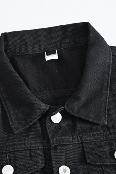 Dashing Men Denim Vest Turn-down Collar Pure Color Raw Edge Button Closure Regular Fit Vest in Black