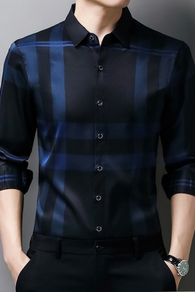 Elegant Shirt Plaid Print Long Sleeve Turn-down Collar Fitted Button Fly Shirt for Guys
