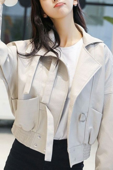 Fancy Womens PU Jacket Notched Lapel Collar Solid Color Open-Front Regular Fit PU Jacket