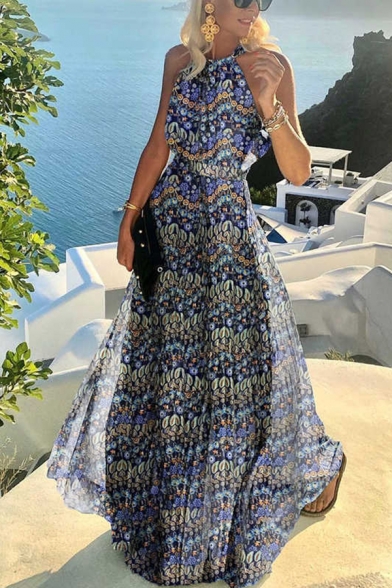 Fashion Womens Dress Floral Print Sleeveless Pleated Detail Halter Beach Dress