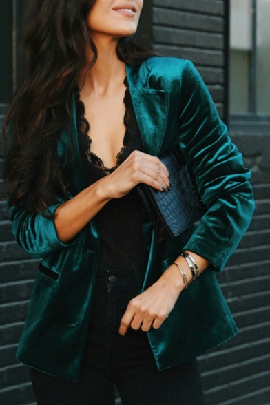 Fashion Womens Velvet Blazer Solid Color Notched Lapel Collar Button Closure Regular Fit Blazer
