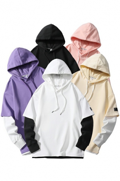 Men Simple Hoodie Color Block Fake Two Pieces Hooded Loose Fitted Long Sleeve Hoodie