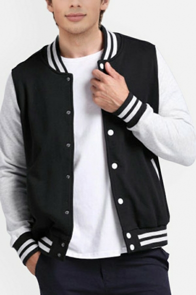 Mens Classic Jacket Stand-Collar Contrast Hem Button Closure Regular Fitted Bomber Jacket