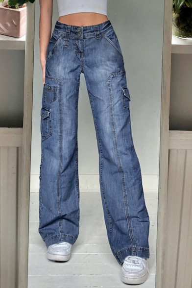 Retro Womens Jeans Zipper Fly Faded Wash High Rise Long Straight Loose Fit Jeans with Flap Pocket