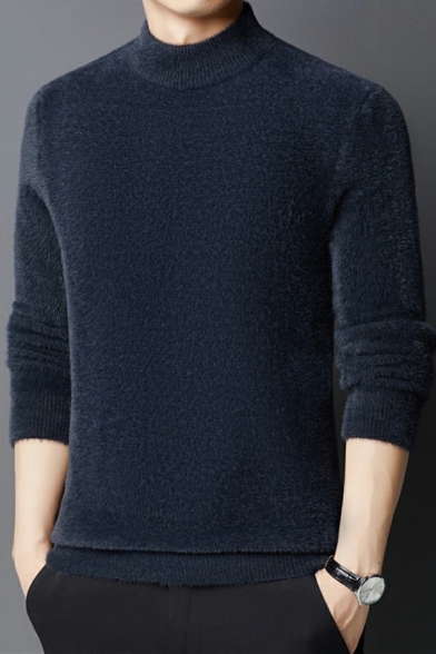 Simple Men's Knit Sweater Pure Color Ribbed Trim Round Neck Long Sleeve Relaxed Fit Sweater