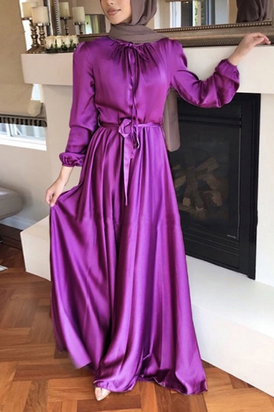 Simple Womens Dress Plain Color Stand Collar Long Sleeve Bow Detail Maxi A-Line Dress