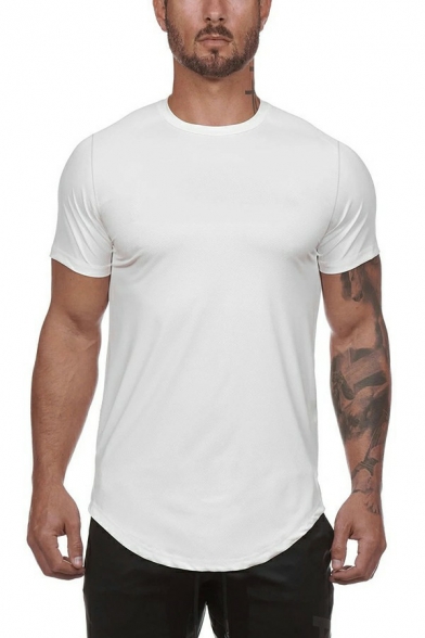 Sporty Mens T-Shirt Solid Color Short Sleeve Round Neck Slim Fit T-Shirt