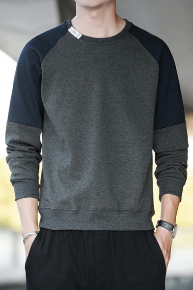 Street Style Mens Sweatshirt Color Block Long Sleeves Round Neck Fitted Pullover Sweatshirt