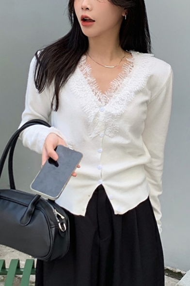 Stylish Girls Knit Top V-Neck Button Closure Lace Detail Long Sleeve Slim Fit Knit Top