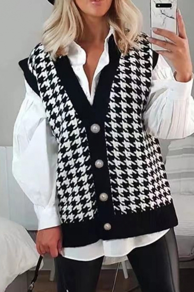 Stylish Womens Knit Vest V-Neck Houndstooth Pattern Sleeveless Regular Fit Knit Vest