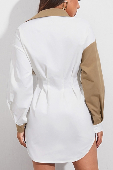 Stylish Womens Shirt Color Block Spread Collar Long Sleeve Waist-Controlled Button Down Longline Shirt