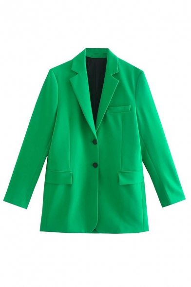 Trendy Ladies Solid Color Blazer Notched Lapel Collar Single Breasted Flap Pockets Relaxed Fit Blazer in Green